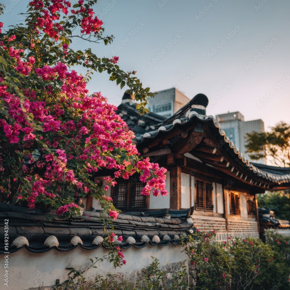 Fototapeta premium Vibrant pink bougainvillea cascading over a traditional Korean house at dawn
