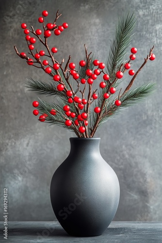 Vibrant Branches With Red Berries and Pine in Modern Black Vase on Textured B...