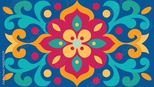 Decorative Floral Motif with Swirls and Dots on Blue Background abstract