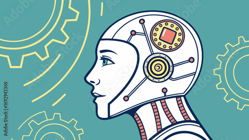 Artificial intelligence vector with futuristic robot head, glowing circuits, gears, and brain chip technology illustration.