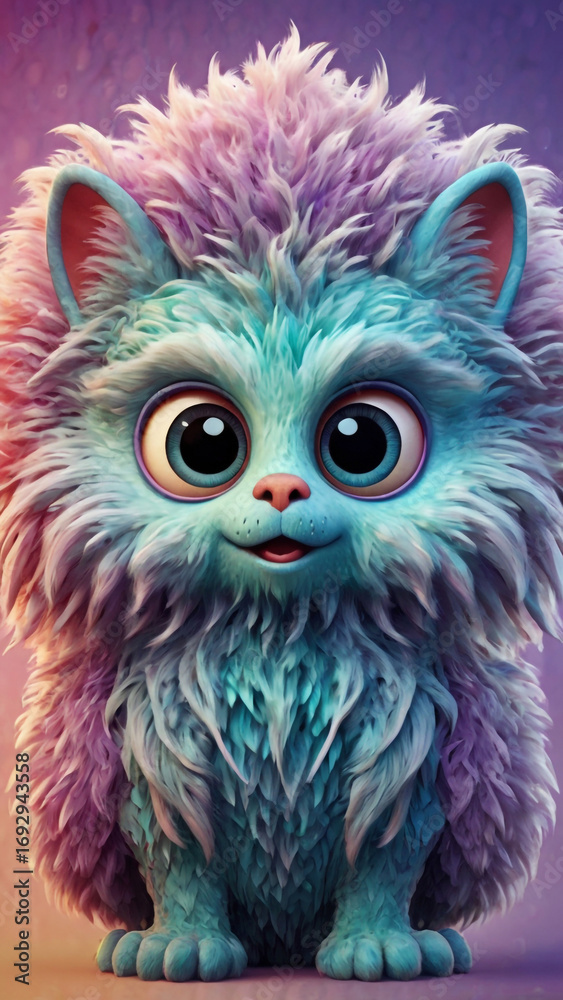 Fototapeta premium Whimsical Feline Creature: A vibrant, playful rendering of a captivating, multi-colored feline, showcasing an enchanting combination of fluff and charm.