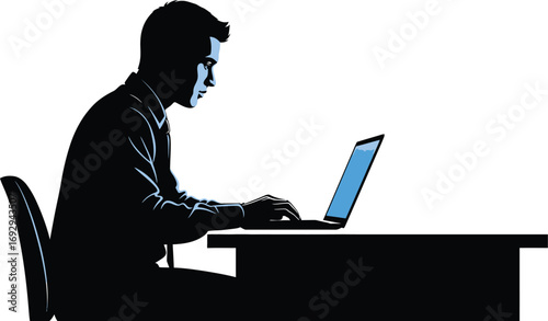 A silhouette of a man working a laptop in a dark room, a symbol of technology, productivity, and modern lifestyle