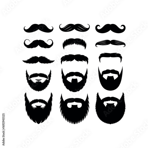 Collection of black silhouette mustaches and beards on white background vector