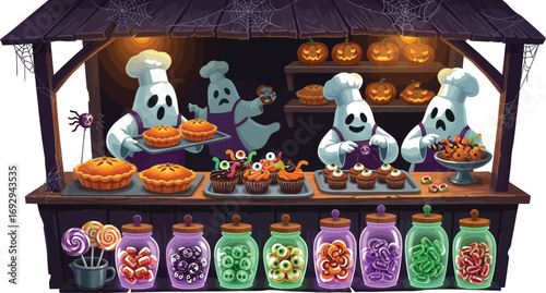 A halloween candy shop with ghosts selling sweets, pies, and cupcakes, a spooky and festive scene for holiday season