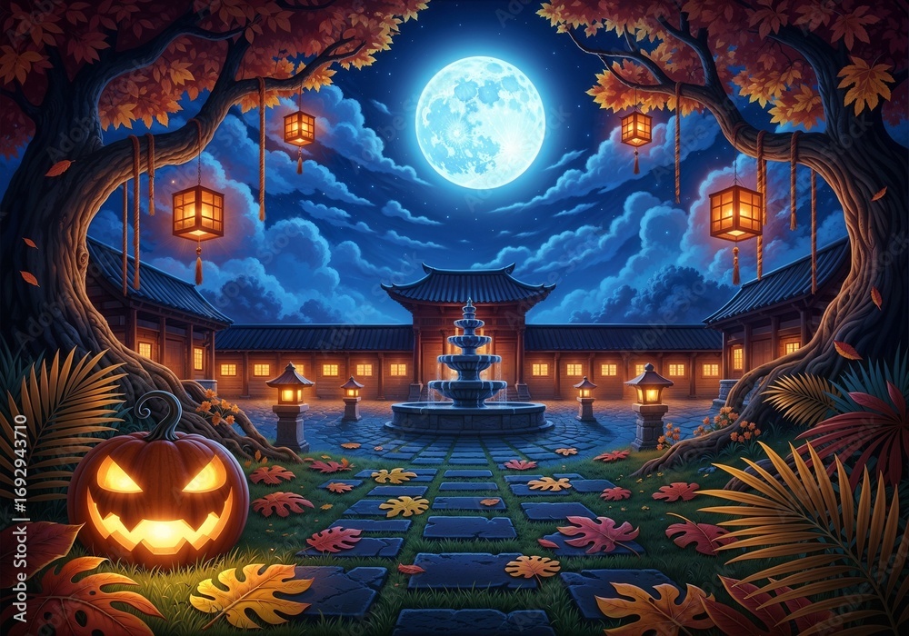 Obraz premium Halloween pumpkin lantern in courtyard under full moon night