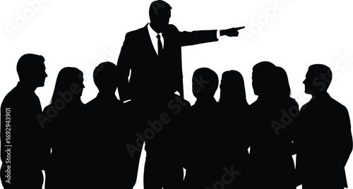 Silhouette of a leader standing a crowd of people, pointing forward, leader is giving direction to team, showing path to success
