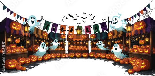 Halloween market with pumpkins, ghosts, and bats festive autumn scene with decorations and lights, perfect for holiday celebrations and spooky fun