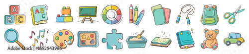 Hand drawn school and education icons collection - Collection of colorful hand drawn education icons featuring books, pencils, chalkboard, backpack, puzzle, music, art, and classroom supplies.