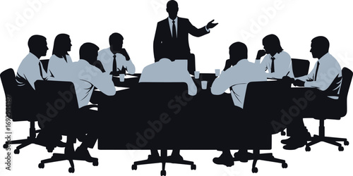 Silhouette of a business meeting this image depicts a group of professionals collaborating, discussing strategies, and making decisions in a corporate setting