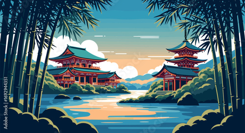 Kyoto Vector Travel Poster, Cinematic Minimal Landscape Art