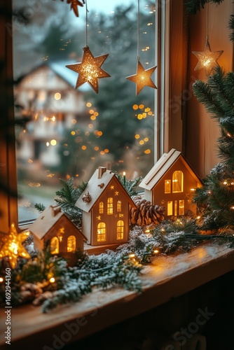 Cozy Winter Window Display With Glowing Houses and Festive Decorations
