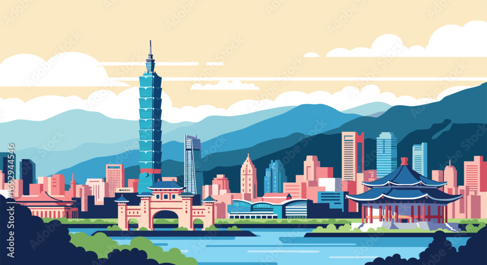 Fototapeta premium Taipei Vector Travel Poster, Cinematic Minimal Landscape Art
