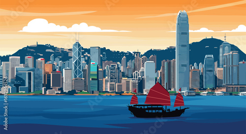 Hong Kong Vector Travel Poster, Cinematic Minimal Landscape Art