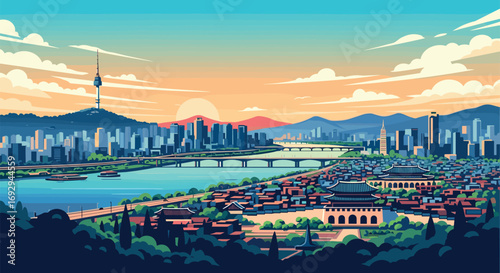 Seoul Vector Travel Poster, Cinematic Minimal Landscape Art
