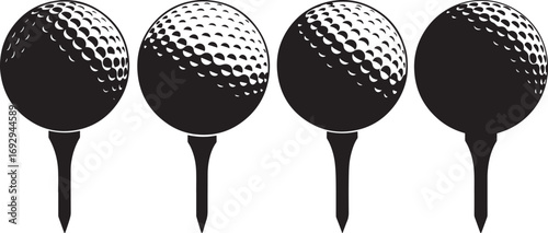 Four golf balls on tees in a row silhouette