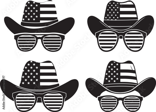 Four patriotic cowboy hats and sunglasses with american flag silhouette