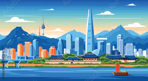 Seoul Vector Travel Poster, Cinematic Minimal Landscape Art