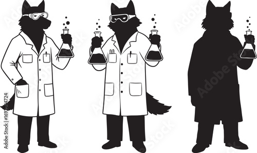 Three cartoon cats in lab coats holding beakers in silhouette