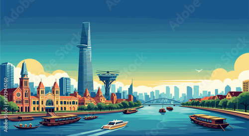 Ho Chi Minh City Vector Travel Poster, Cinematic Minimal Landscape Art