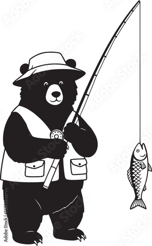 Black bear wearing a hat and vest fishing with a rod and reel silhouette