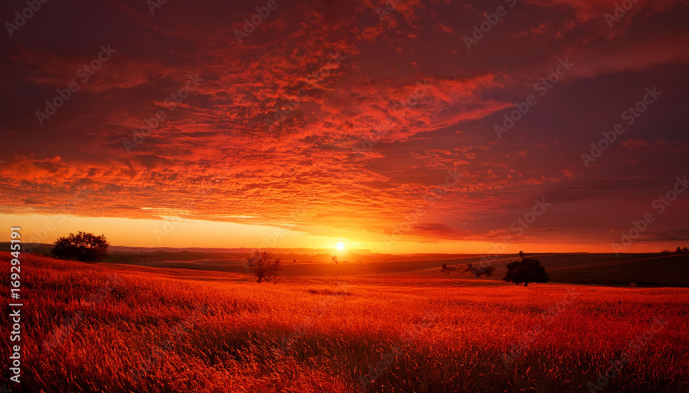 Obraz premium Red Sunset Over Field Fiery Sky Golden Hour Dusk