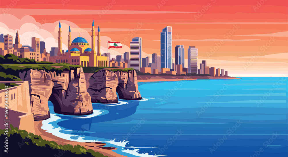 Naklejka premium Beirut Vector Travel Poster, Cinematic Minimal Landscape Art