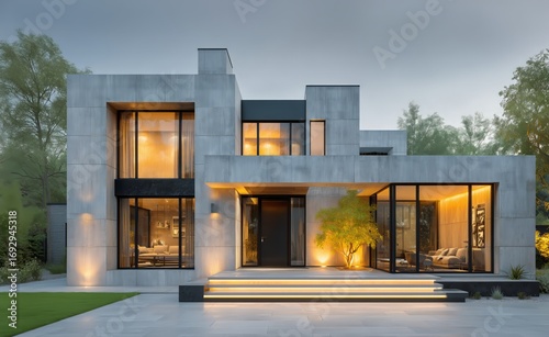 Modern Concrete House With Warm Lighting and Autumn Landscape at Dusk.