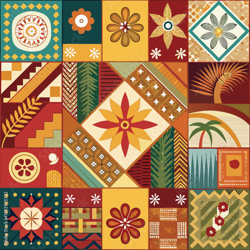 Elaborate Geometric Patchwork with Floral and Natural Elements vector illustration