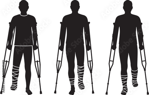 Three figures in silhouette using crutches for leg injuries silhouette