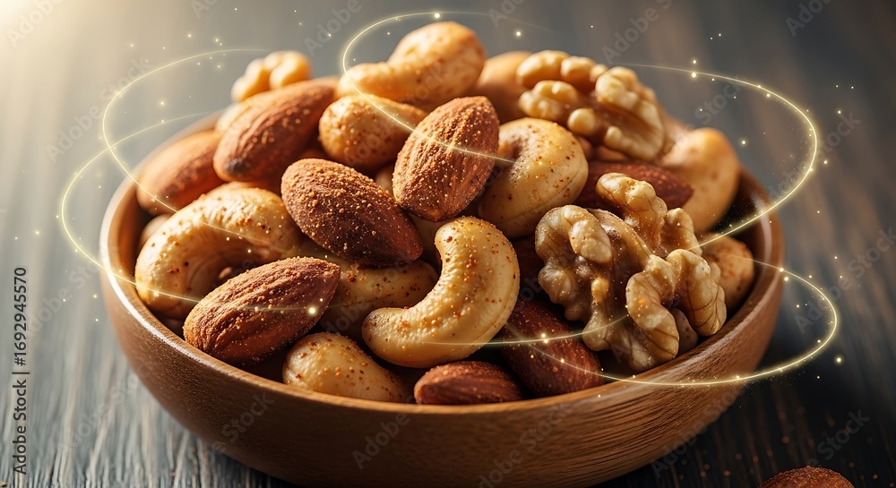 Fototapeta premium A delightful assortment of healthy mixed nuts including walnuts cashews and peanuts in a rustic wooden bowl with a soft warm glow and swirling light effects
