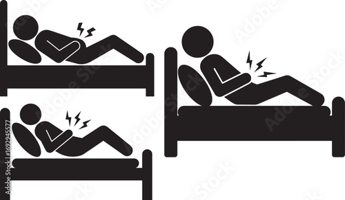 Three figures in silhouette lying in beds experiencing stomach pain silhouette