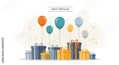 A festive collection of colorful gift boxes with ribbons and floating balloons in a flat design style.