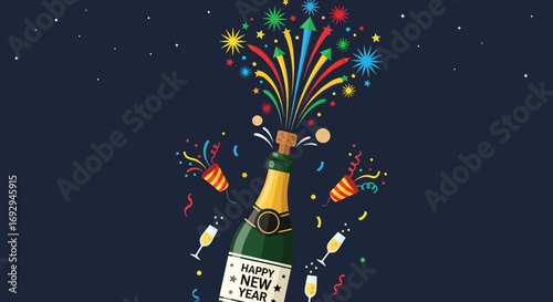 A festive illustration of a champagne bottle popping with colorful fireworks for a New Year's celebration.