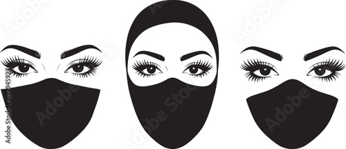 Three women wearing hijabs and face masks in a silhouette style