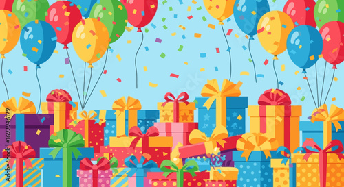A vibrant cartoon illustration of colorful gift boxes, festive balloons, and falling confetti for a party.