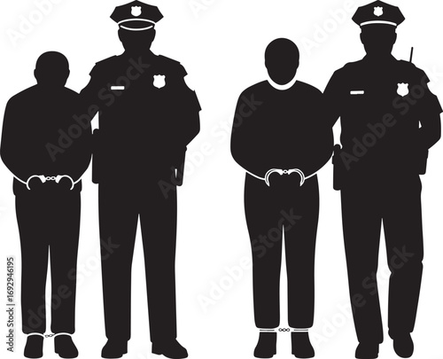 Two police officers arresting two suspects in silhouette