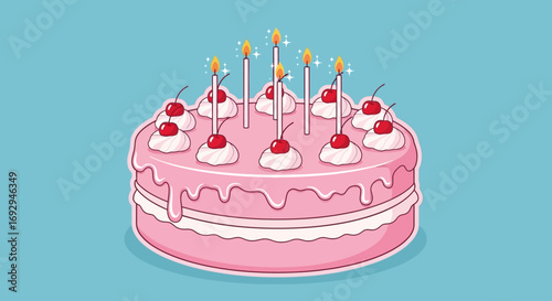 Cartoon Pink Birthday Cake with Cherries, Cream Topping, and Lit Candles
