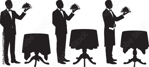Three waiters in silhouette holding food platters beside draped tables silhouette