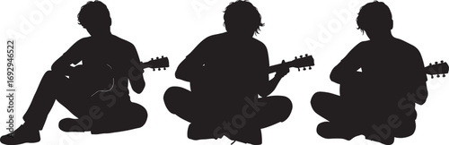 Three musicians playing guitars in a silhouette style