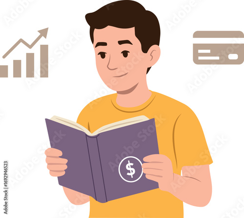 Ilustración flat de un joven leyendo un libro de finanzas con íconos de crecimiento económico en el fondo. Concepto de educación financiera.