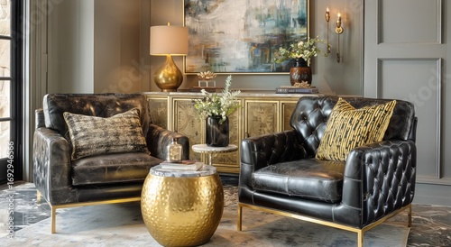 Elegant Modern Living Room With Black Leather Chairs and Gold Accents