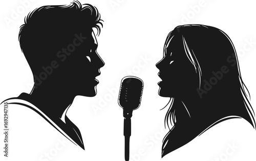 Profile Silhouette of Man and Woman Singing Duet into Microphone. Vector Concept Art of Voice, Music, Love and Relationships Isolated on White Background