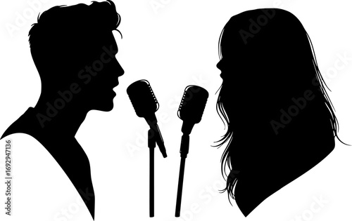 Profile Silhouette of Man and Woman Singing Duet into Microphone. Vector Concept Art of Voice, Music, Love and Relationships Isolated on White Background