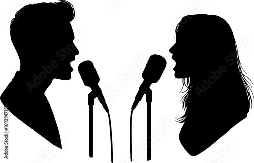 Profile Silhouette of Man and Woman Singing Duet into Microphone. Vector Concept Art of Voice, Music, Love and Relationships Isolated on White Background