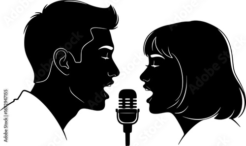Silhouette Head Profile of Young Man and Woman Facing Each Other. Vector Illustration of Teenagers Thinking, Gender Opposition, Love and Relationship Concept