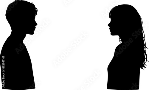 Silhouette Head Profile of Young Man and Woman Facing Each Other. Vector Illustration of Teenagers Thinking, Gender Opposition, Love and Relationship Concept