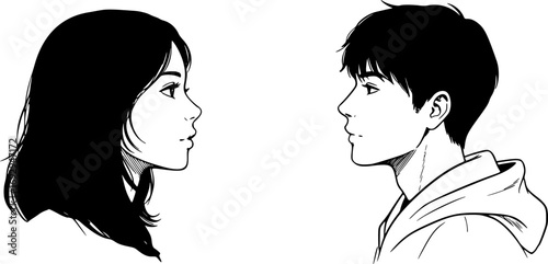 Silhouette Head Profile of Young Man and Woman Facing Each Other. Vector Illustration of Teenagers Thinking, Gender Opposition, Love and Relationship Concept