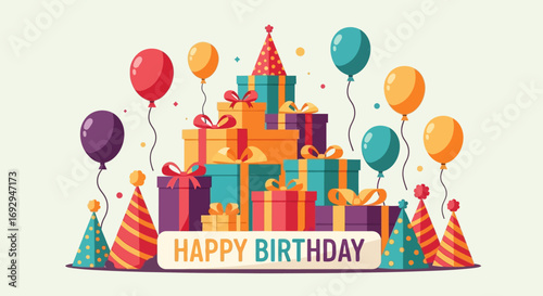 Colorful Stacked Birthday Gifts with Balloons and Party Hats