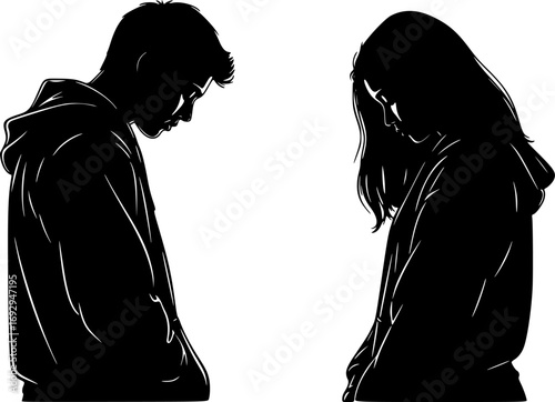 Silhouette Head Profile of Young Man and Woman Facing Each Other. Vector Illustration of Teenagers Thinking, Gender Opposition, Love and Relationship Concept