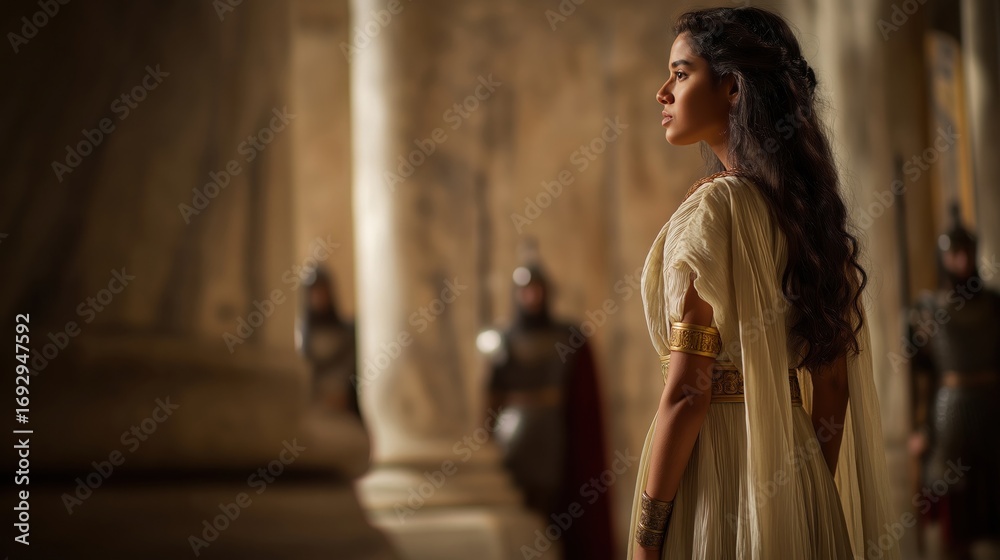 Obraz premium Esther enters the king’s golden hall uninvited, her flowing robe trailing, face pale yet determined; courtiers gasp as she risks her life to plead for her people.
